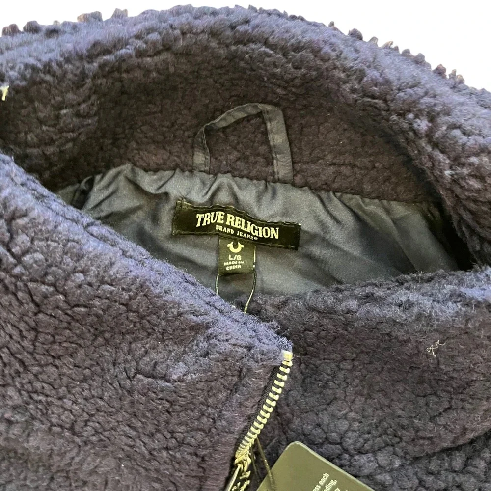 True Religion Mens TR Logo‎ Sherpa Jacket Eclipse Navy Blue Fleece 110299 Size L